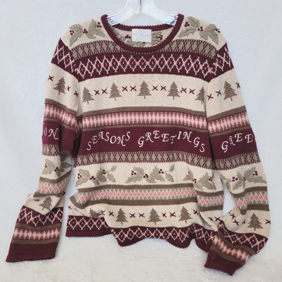 Pretty Christmas Sweater Tan Burgundy SEASONS GREETINGS Vintage 90s - Picture 2 of 7